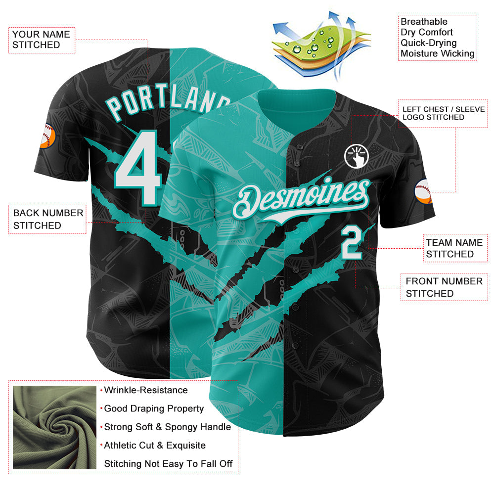 Custom Graffiti Pattern White Black-Aqua 3D Scratch Authentic Baseball Jersey
