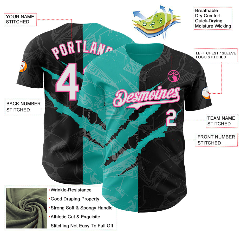 Custom Graffiti Pattern White Black Aqua-Pink 3D Scratch Authentic Baseball Jersey