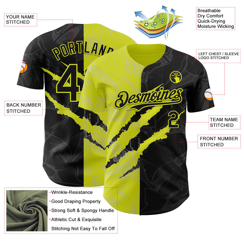 Custom Graffiti Pattern Black-Neon Yellow 3D Scratch Authentic Baseball Jersey