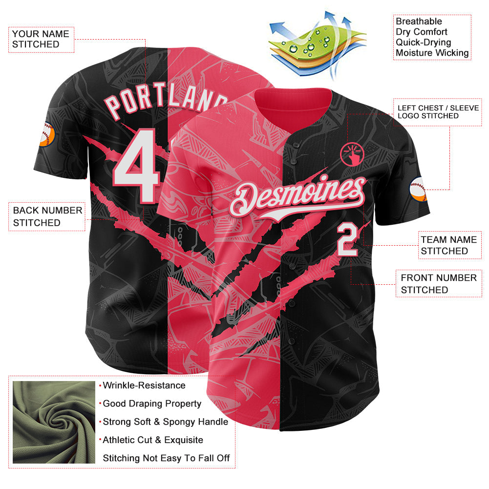 Custom Graffiti Pattern White Black-Neon Pink 3D Scratch Authentic Baseball Jersey