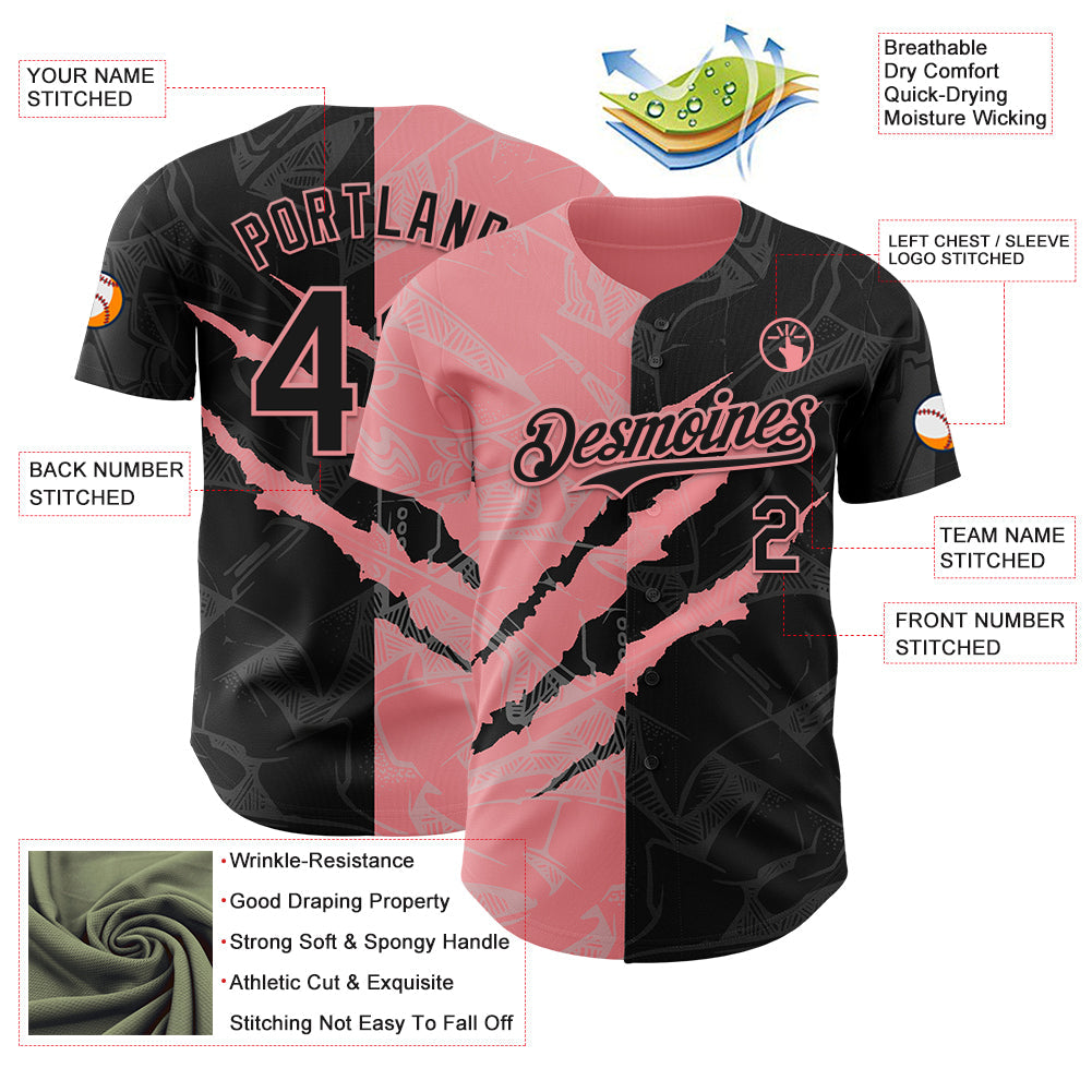 Custom Graffiti Pattern Black-Medium Pink 3D Scratch Authentic Baseball Jersey