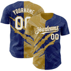 Custom Graffiti Pattern White Royal-Old Gold 3D Scratch Authentic Baseball Jersey