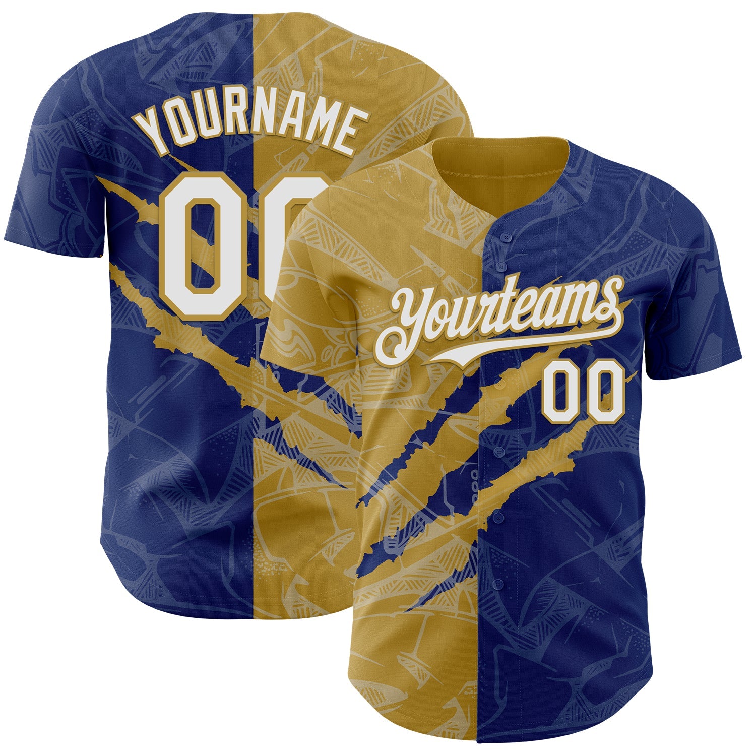 Custom Graffiti Pattern White Royal-Old Gold 3D Scratch Authentic Baseball Jersey