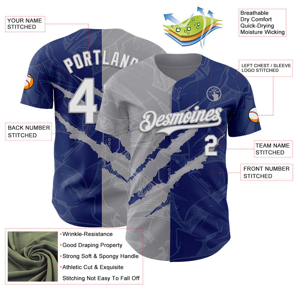Custom Graffiti Pattern White Royal-Gray 3D Scratch Authentic Baseball Jersey