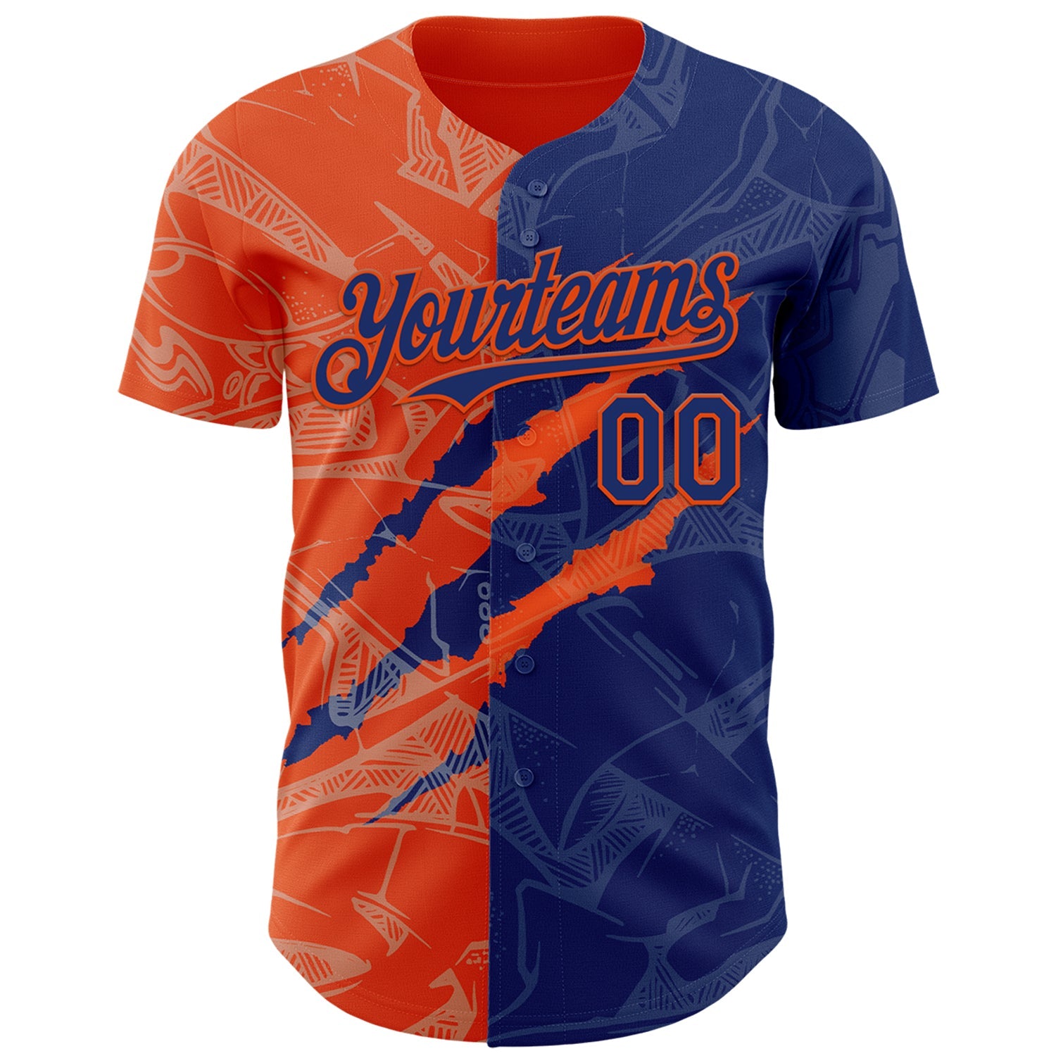 Custom Graffiti Pattern Royal-Orange 3D Scratch Authentic Baseball Jersey