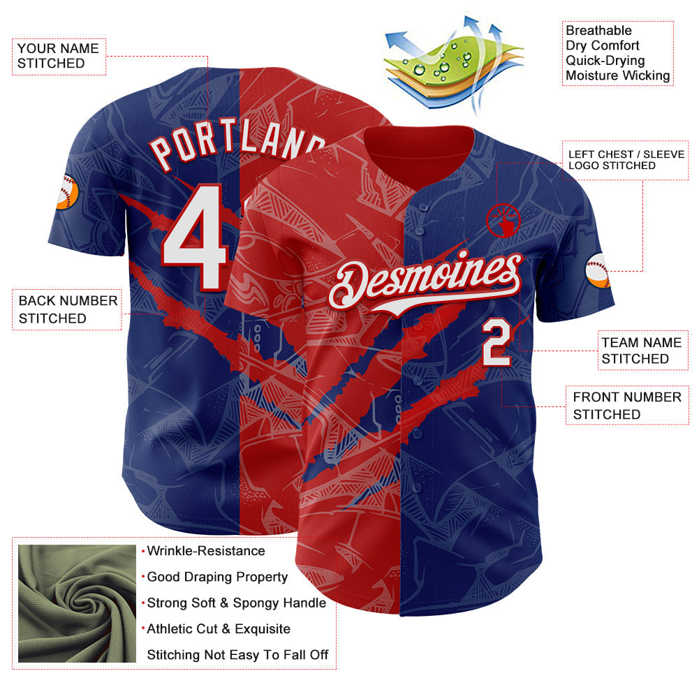 Custom Graffiti Pattern White Royal-Red 3D Scratch Authentic Baseball Jersey