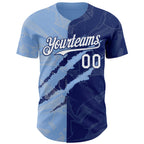 Custom Graffiti Pattern White Royal-Light Blue 3D Scratch Authentic Baseball Jersey