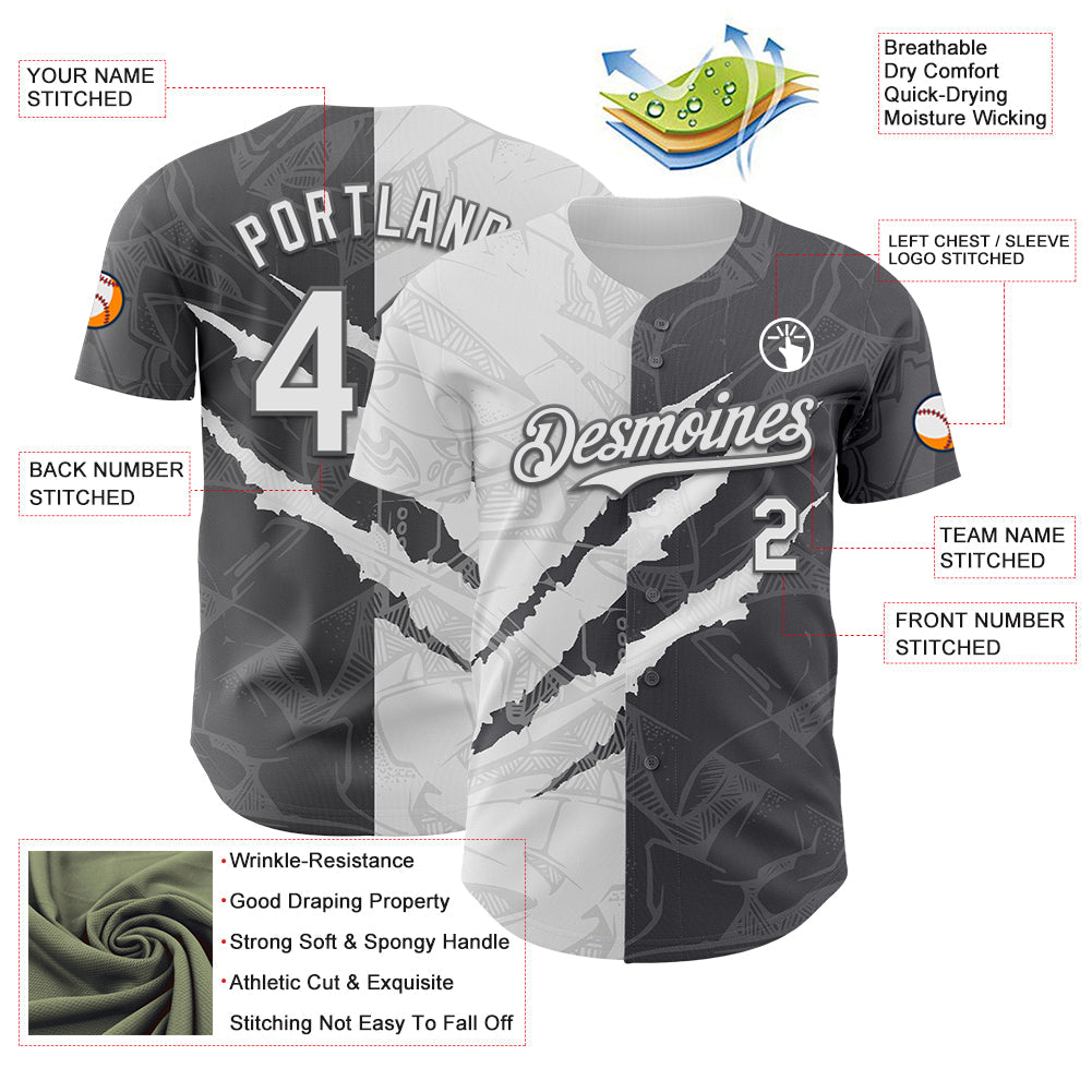 Custom Graffiti Pattern White-Steel Gray 3D Scratch Authentic Baseball Jersey