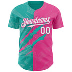 Custom Graffiti Pattern White Pink-Aqua 3D Scratch Authentic Baseball Jersey