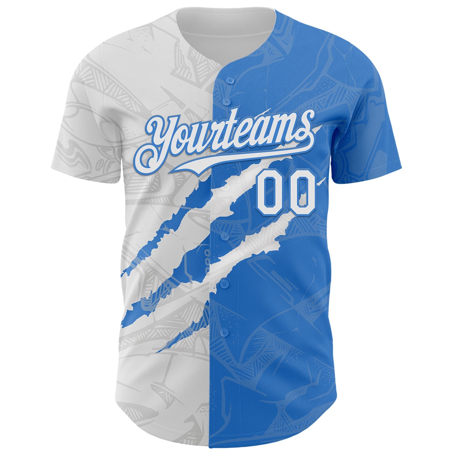 Custom Graffiti Pattern White-Electric Blue 3D Scratch Authentic Baseball Jersey