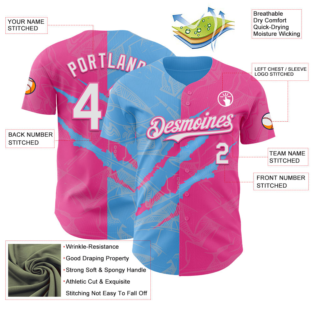 Custom Graffiti Pattern White Pink-Sky Blue 3D Scratch Authentic Baseball Jersey