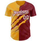 Custom Graffiti Pattern White Crimson-Gold 3D Scratch Authentic Baseball Jersey