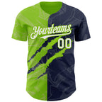 Custom Graffiti Pattern White Navy-Neon Green 3D Scratch Authentic Baseball Jersey