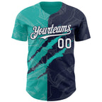 Custom Graffiti Pattern White Navy-Aqua 3D Scratch Authentic Baseball Jersey