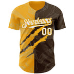 Custom Graffiti Pattern White Brown-Gold 3D Scratch Authentic Baseball Jersey
