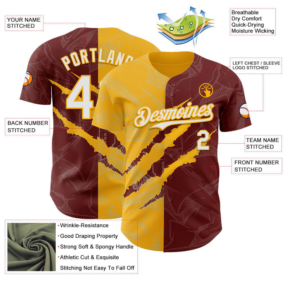 Custom Graffiti Pattern White Burgundy-Gold 3D Scratch Authentic Baseball Jersey