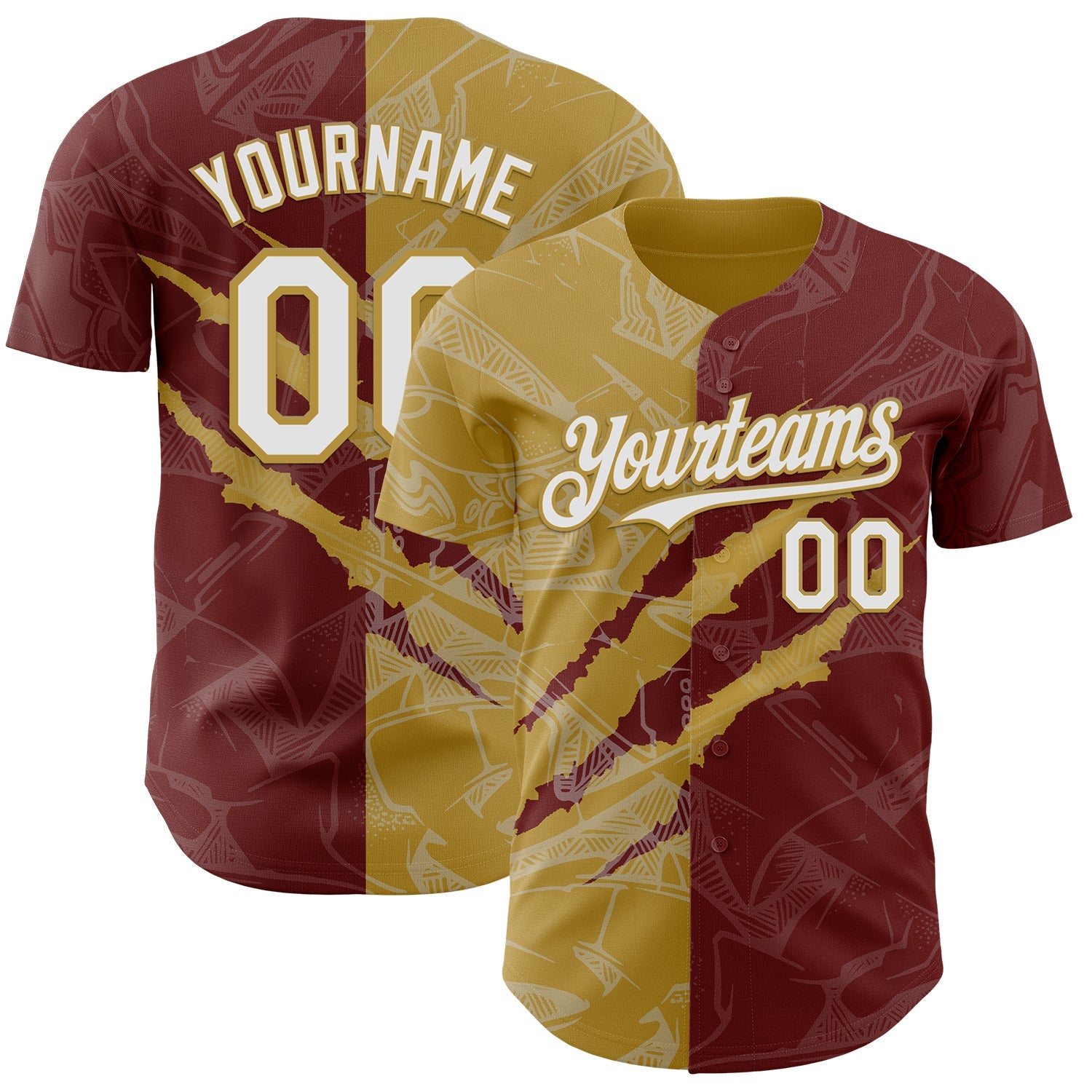 Custom Graffiti Pattern White Burgundy-Old Gold 3D Scratch Authentic Baseball Jersey