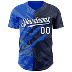 Custom Graffiti Pattern White Navy-Thunder Blue 3D Scratch Authentic Baseball Jersey