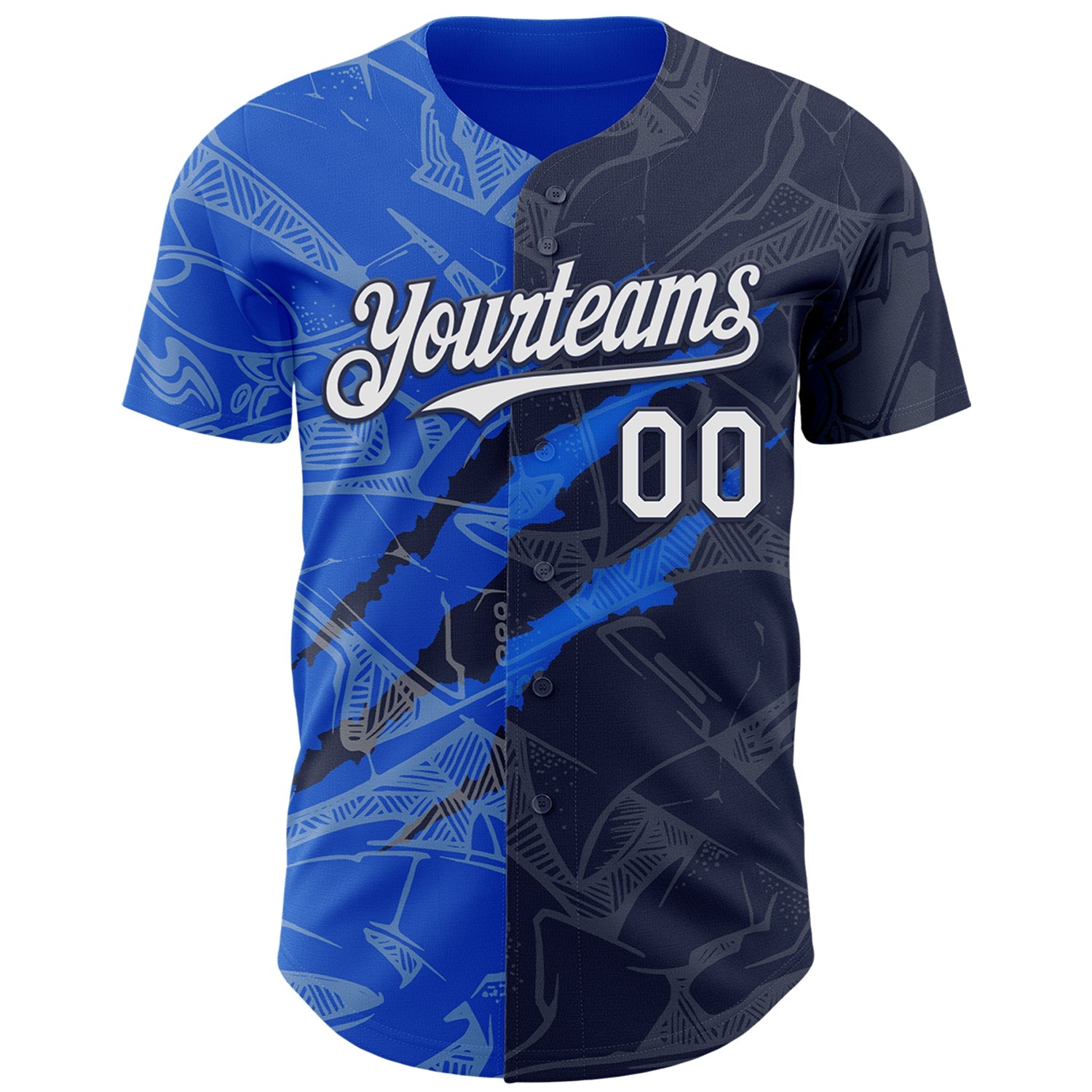 Custom Graffiti Pattern White Navy-Thunder Blue 3D Scratch Authentic Baseball Jersey