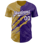 Custom Graffiti Pattern White Purple-Old Gold 3D Scratch Authentic Baseball Jersey