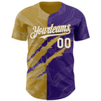 Custom Graffiti Pattern White Purple-Old Gold 3D Scratch Authentic Baseball Jersey