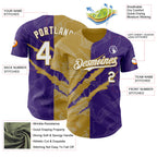Custom Graffiti Pattern White Purple-Old Gold 3D Scratch Authentic Baseball Jersey