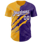 Custom Graffiti Pattern White Purple-Gold 3D Scratch Authentic Baseball Jersey