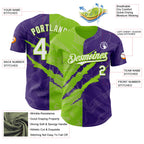 Custom Graffiti Pattern White Purple-Neon Green 3D Scratch Authentic Baseball Jersey