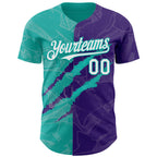Custom Graffiti Pattern White Purple-Aqua 3D Scratch Authentic Baseball Jersey
