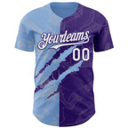 Custom Graffiti Pattern White Purple-Light Blue 3D Scratch Authentic Baseball Jersey