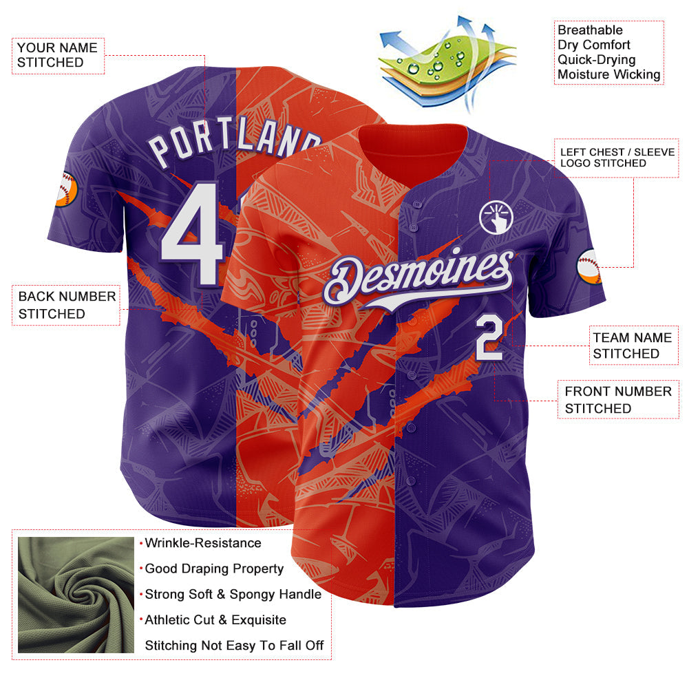 Custom Graffiti Pattern White Purple-Orange 3D Scratch Authentic Baseball Jersey
