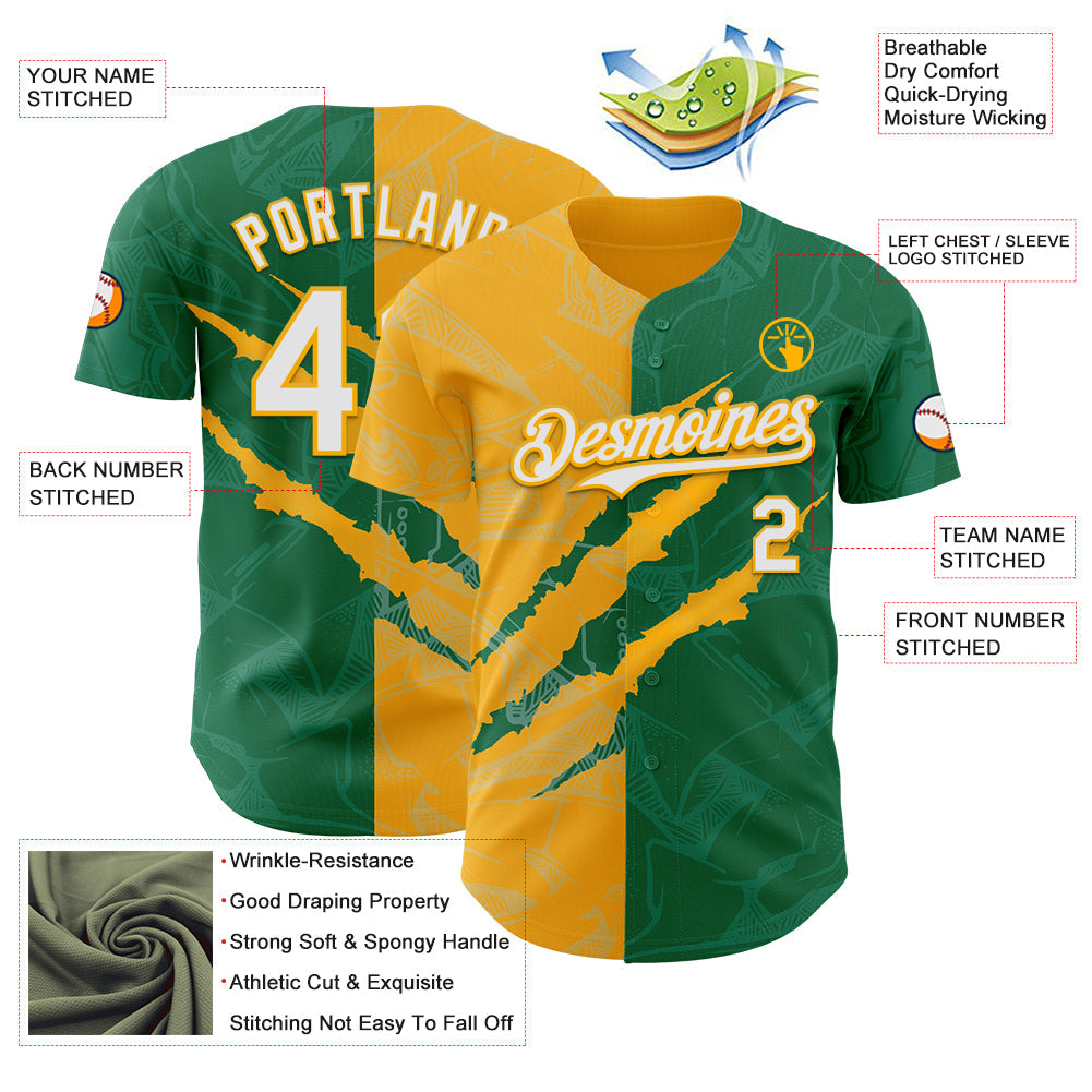 Custom Graffiti Pattern White Kelly Green-Gold 3D Scratch Authentic Baseball Jersey