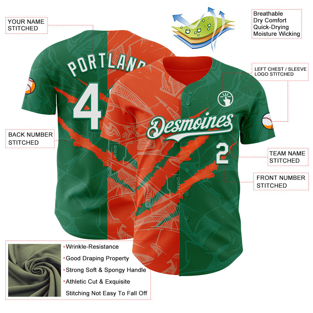 Custom Graffiti Pattern White Kelly Green-Orange 3D Scratch Authentic Baseball Jersey