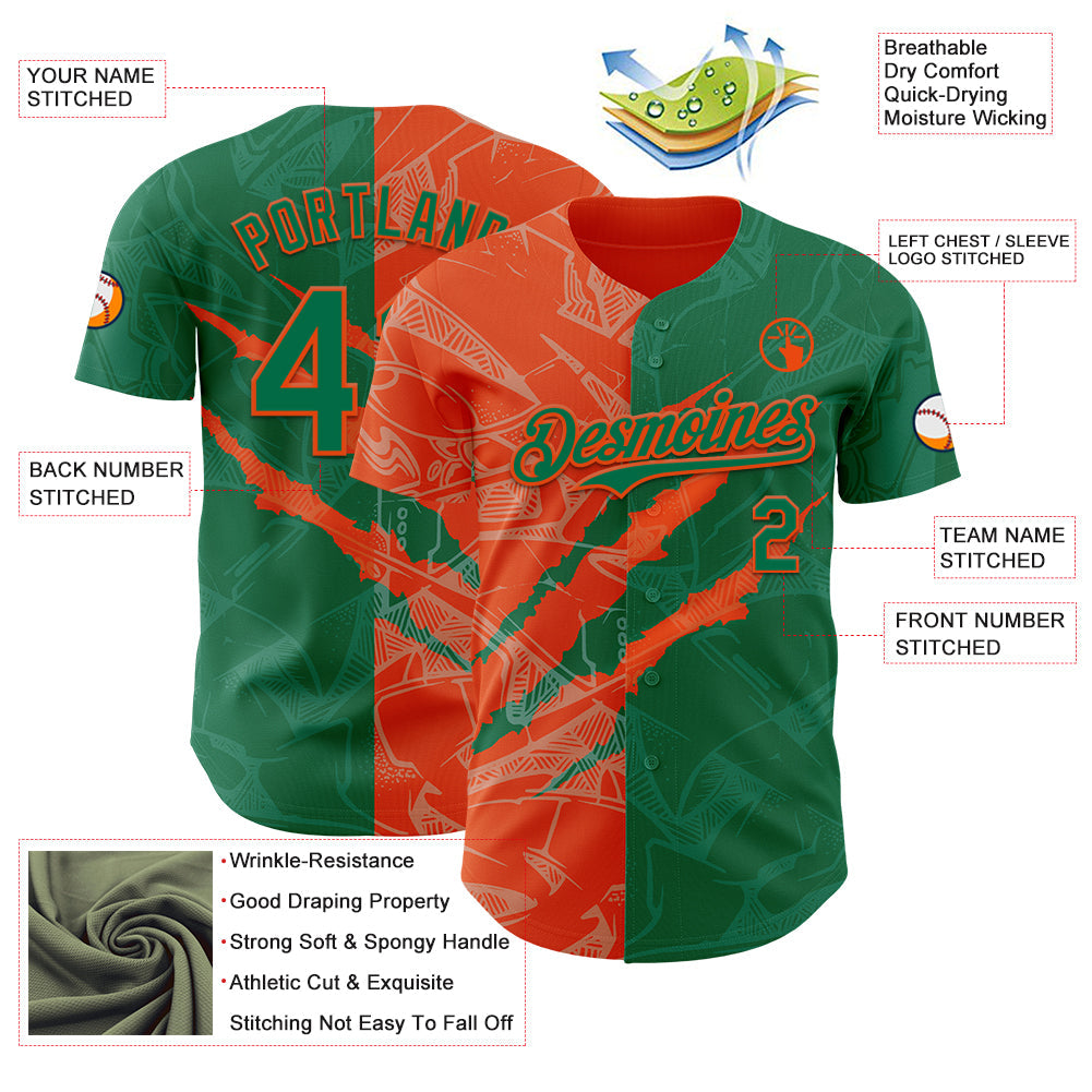 Custom Graffiti Pattern Kelly Green-Orange 3D Scratch Authentic Baseball Jersey