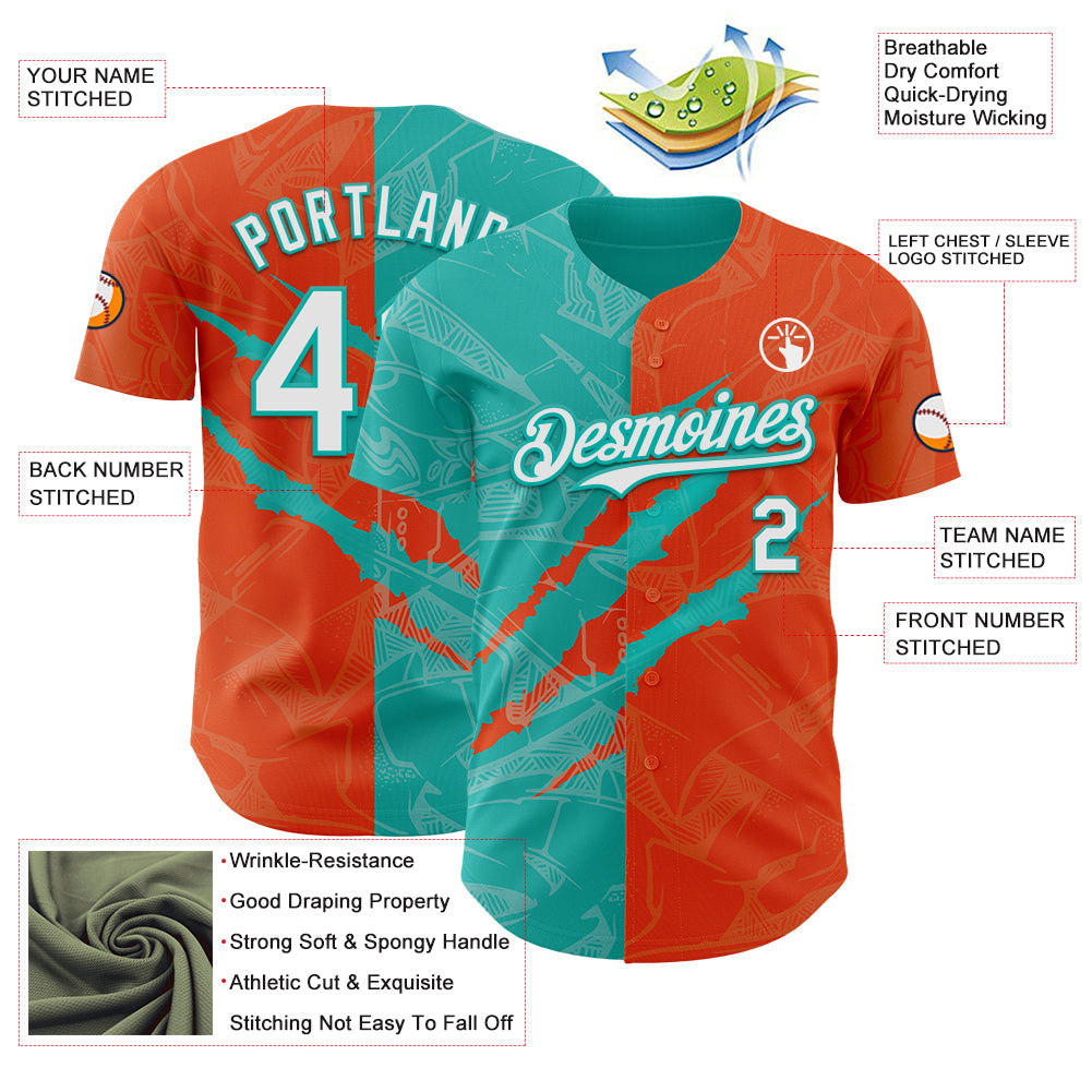 Custom Graffiti Pattern White Orange-Aqua 3D Scratch Authentic Baseball Jersey