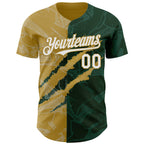 Custom Graffiti Pattern White Green-Old Gold 3D Scratch Authentic Baseball Jersey