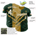 Custom Graffiti Pattern White Green-Old Gold 3D Scratch Authentic Baseball Jersey