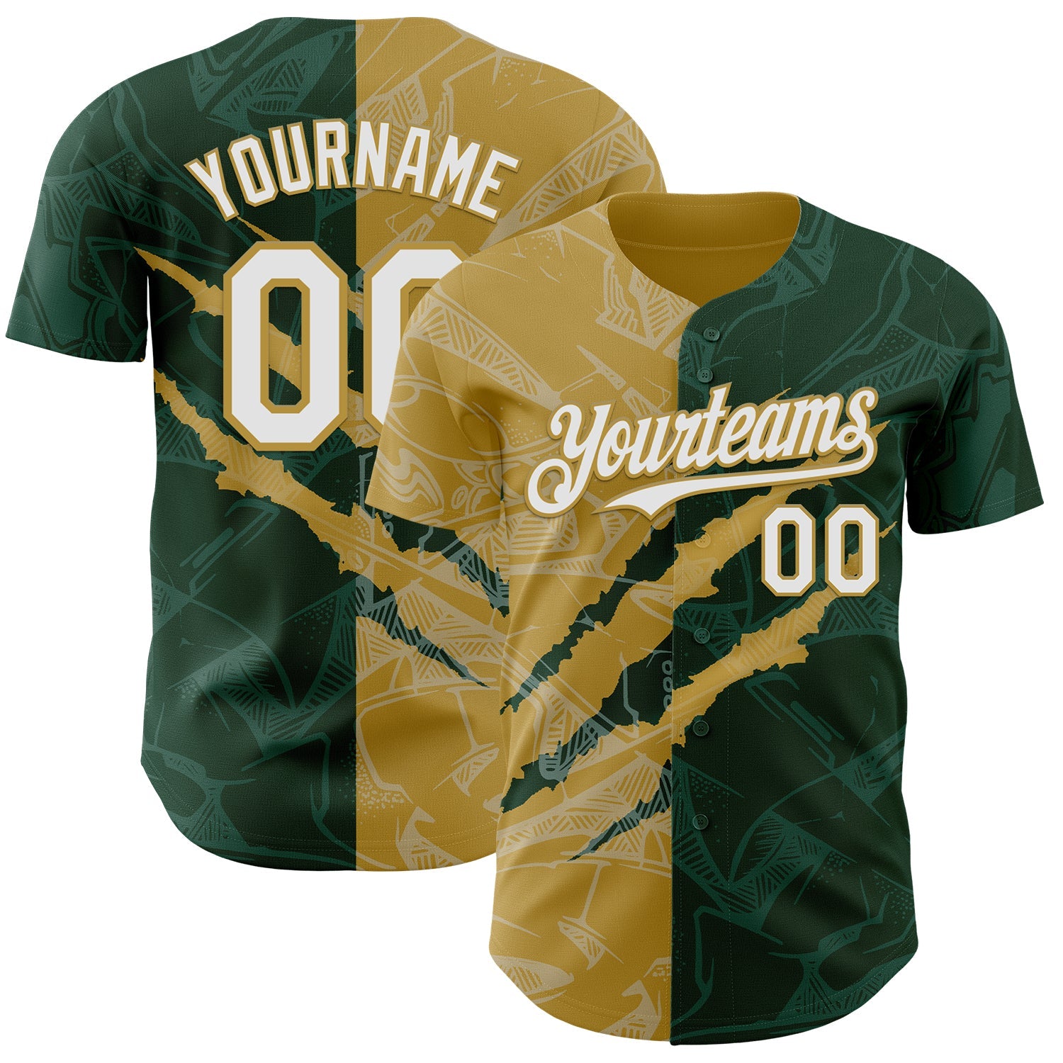 Custom Graffiti Pattern White Green-Old Gold 3D Scratch Authentic Baseball Jersey
