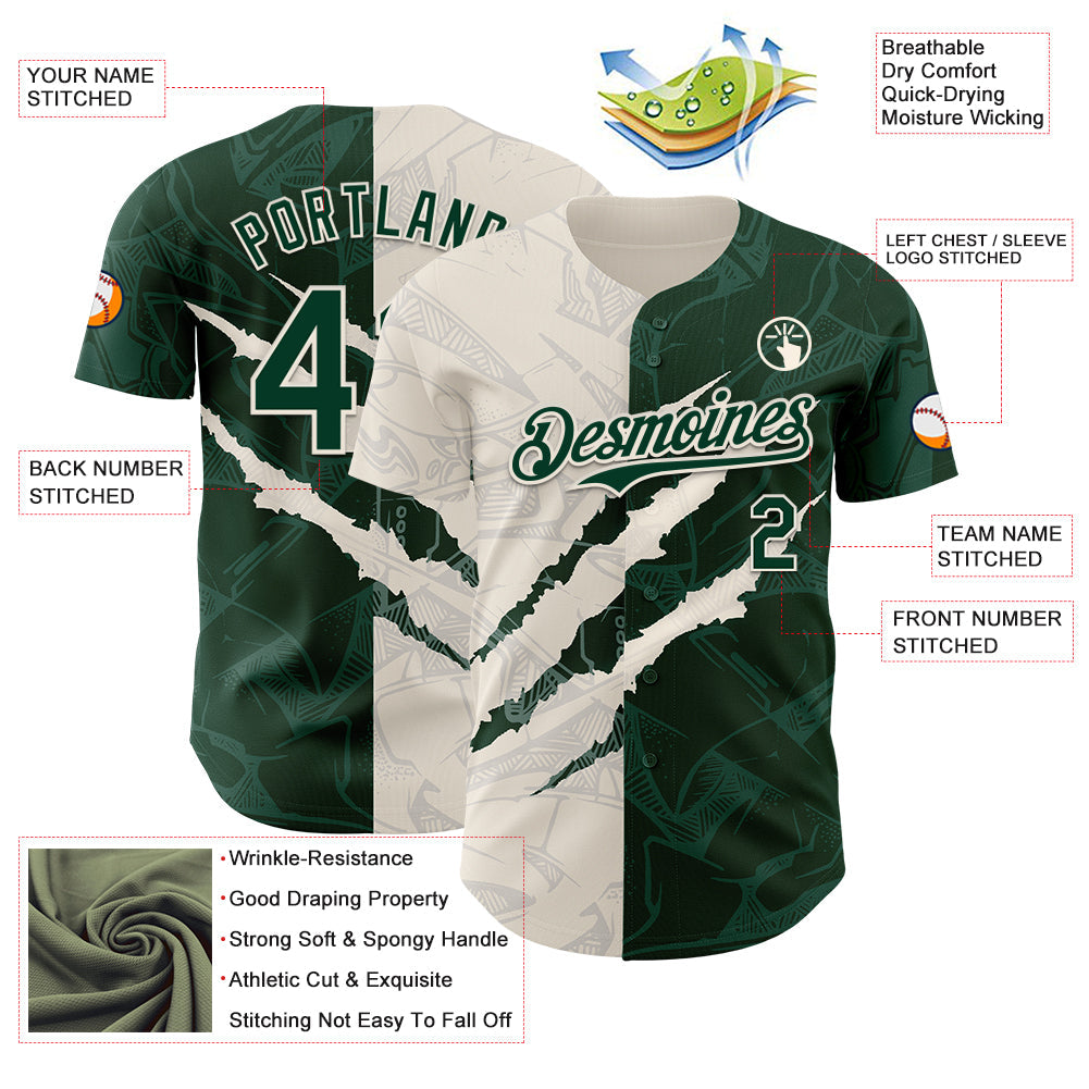Custom Graffiti Pattern Green-Cream 3D Scratch Authentic Baseball Jersey