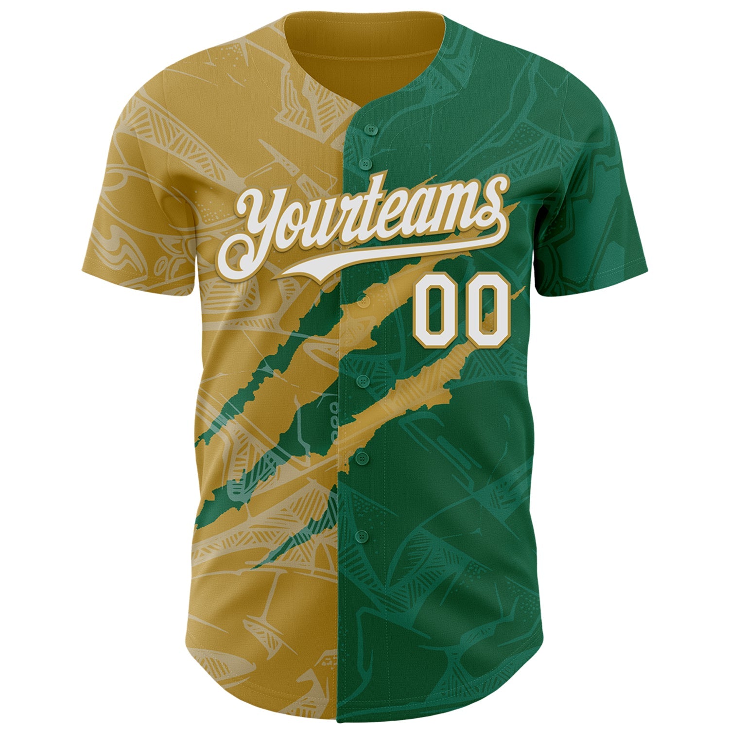 Custom Graffiti Pattern White Kelly Green-Old Gold 3D Scratch Authentic Baseball Jersey