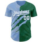 Custom Graffiti Pattern White Kelly Green-Light Blue 3D Scratch Authentic Baseball Jersey