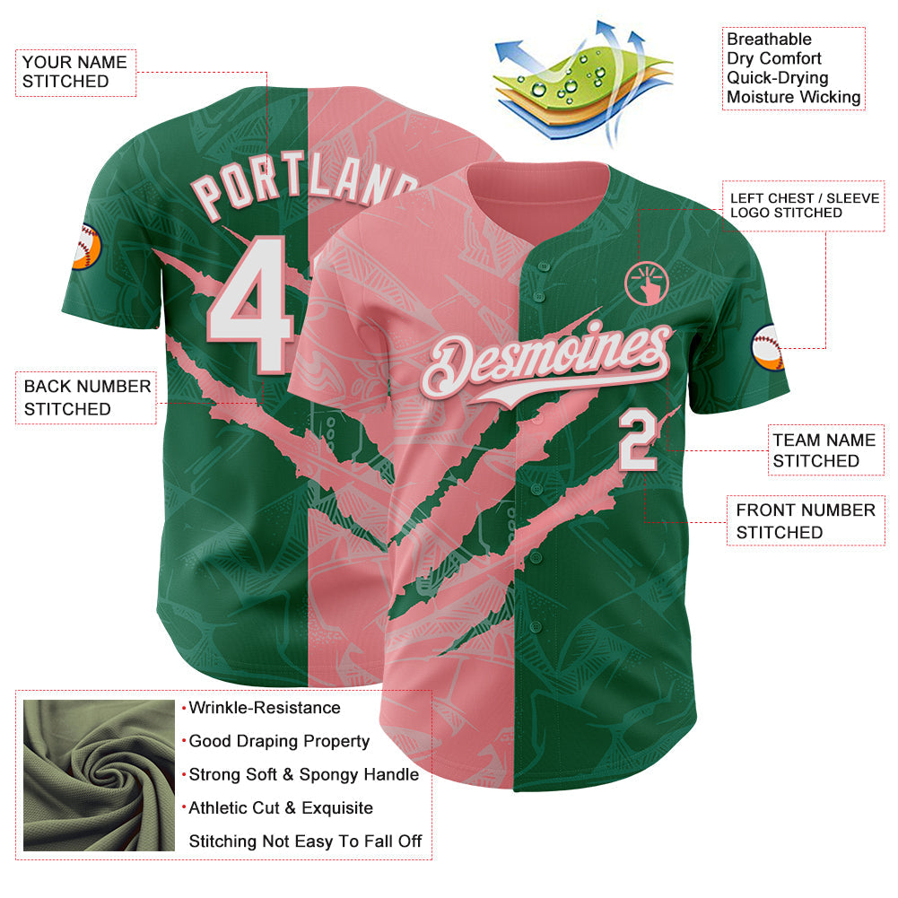 Custom Graffiti Pattern White Kelly Green-Medium Pink 3D Scratch Authentic Baseball Jersey