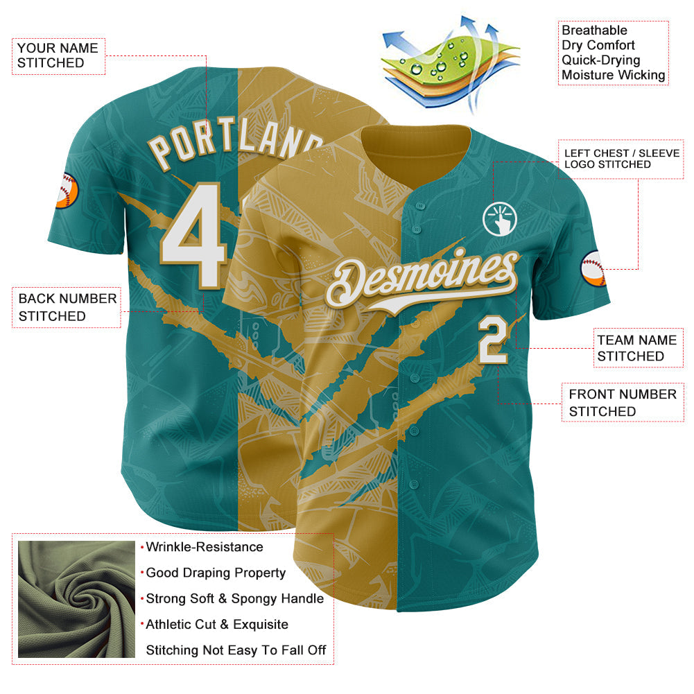 Custom Graffiti Pattern White Teal-Old Gold 3D Scratch Authentic Baseball Jersey