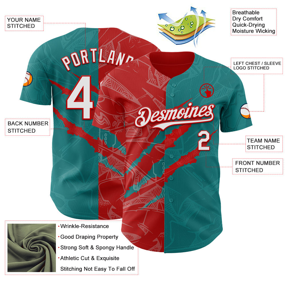 Custom Graffiti Pattern White Teal-Red 3D Scratch Authentic Baseball Jersey