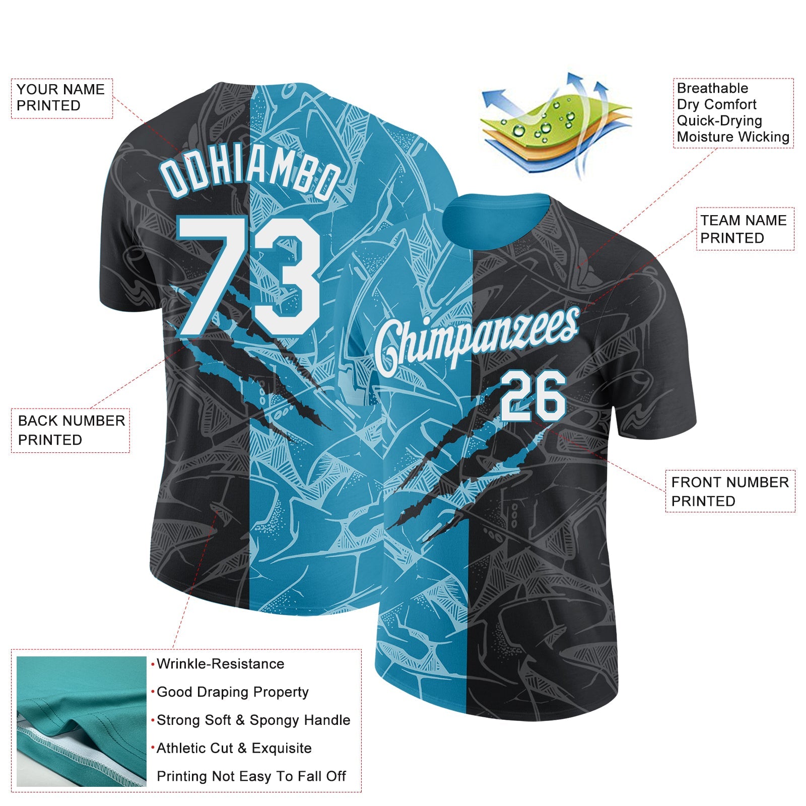 Custom Graffiti Pattern White Black-Panther Blue Scratch 3D Performance T-Shirt