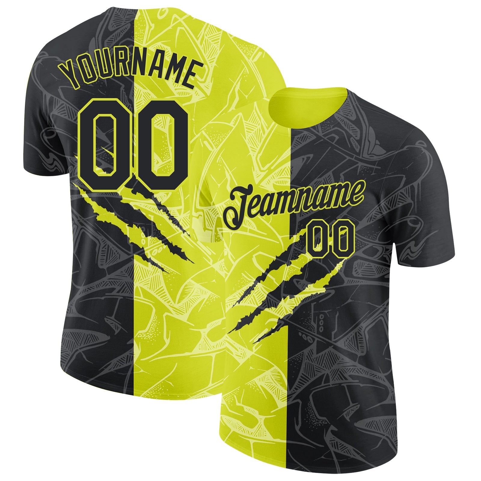 Custom Graffiti Pattern Black-Neon Yellow Scratch 3D Performance T-Shirt