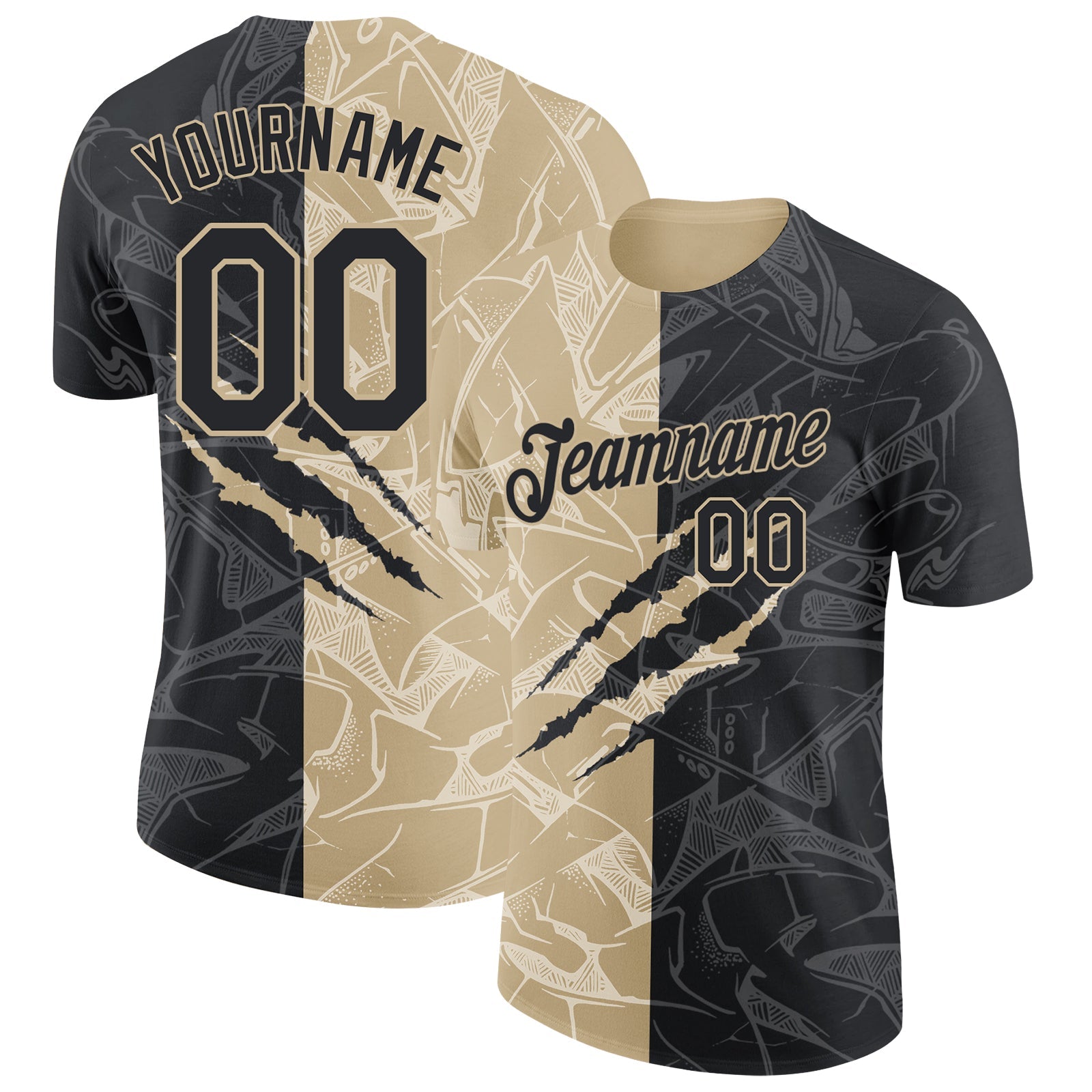 Custom Graffiti Pattern Black-Vegas Gold Scratch 3D Performance T-Shirt