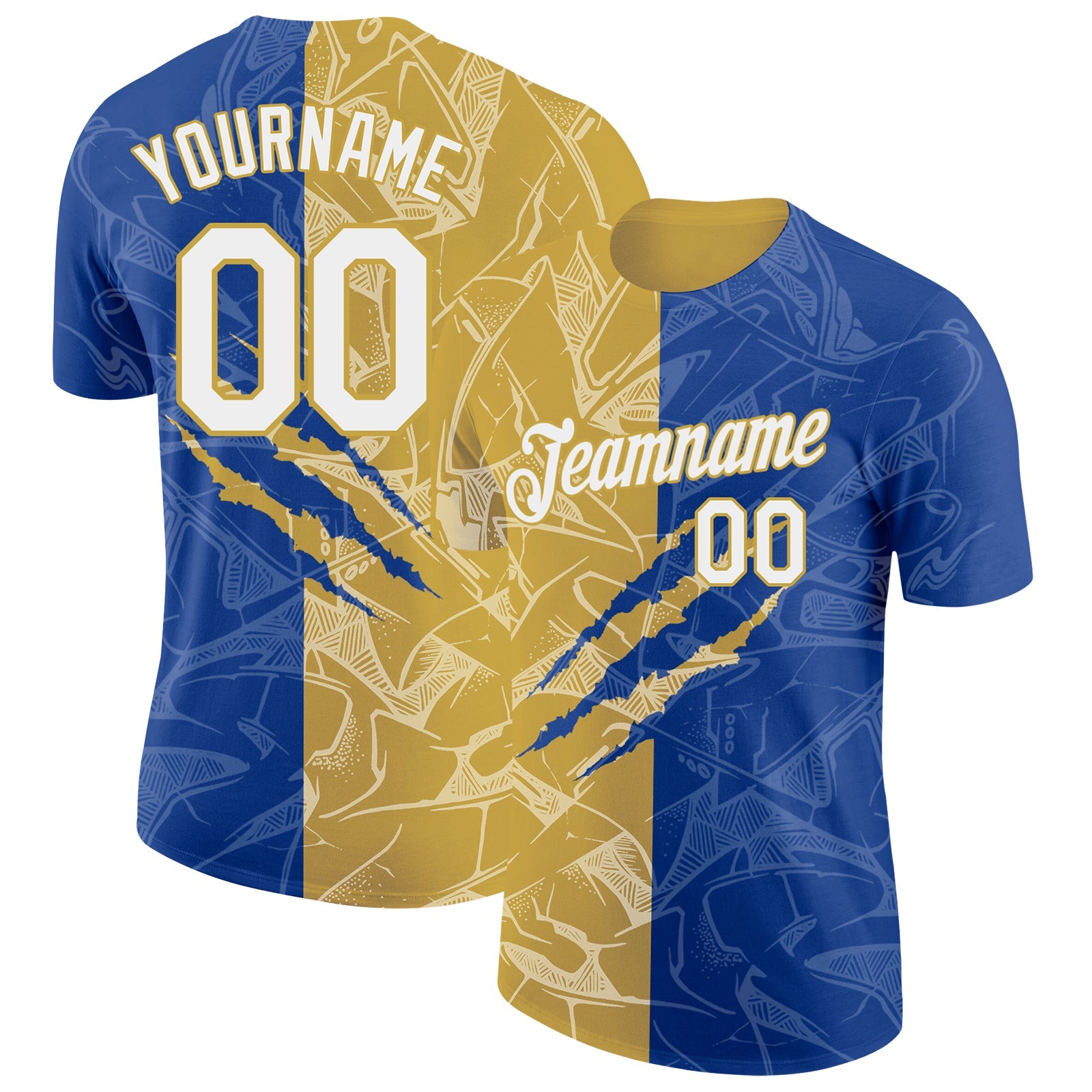 Custom Graffiti Pattern White Royal-Old Gold Scratch 3D Performance T-Shirt