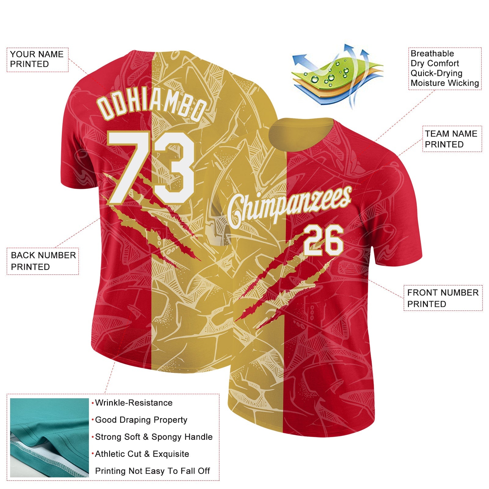 Custom Graffiti Pattern White Red-Old Gold Scratch 3D Performance T-Shirt