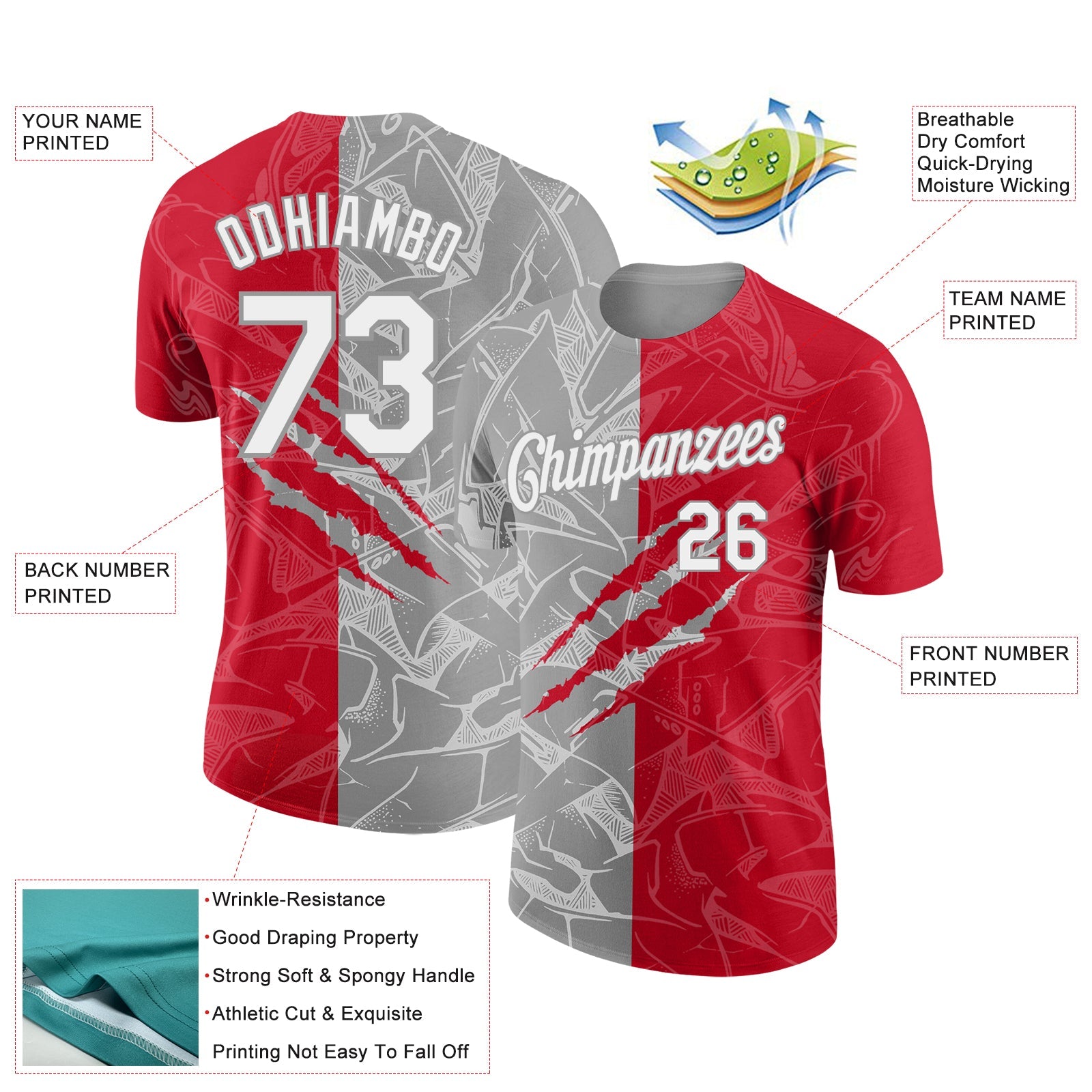 Custom Graffiti Pattern White Red-Gray Scratch 3D Performance T-Shirt